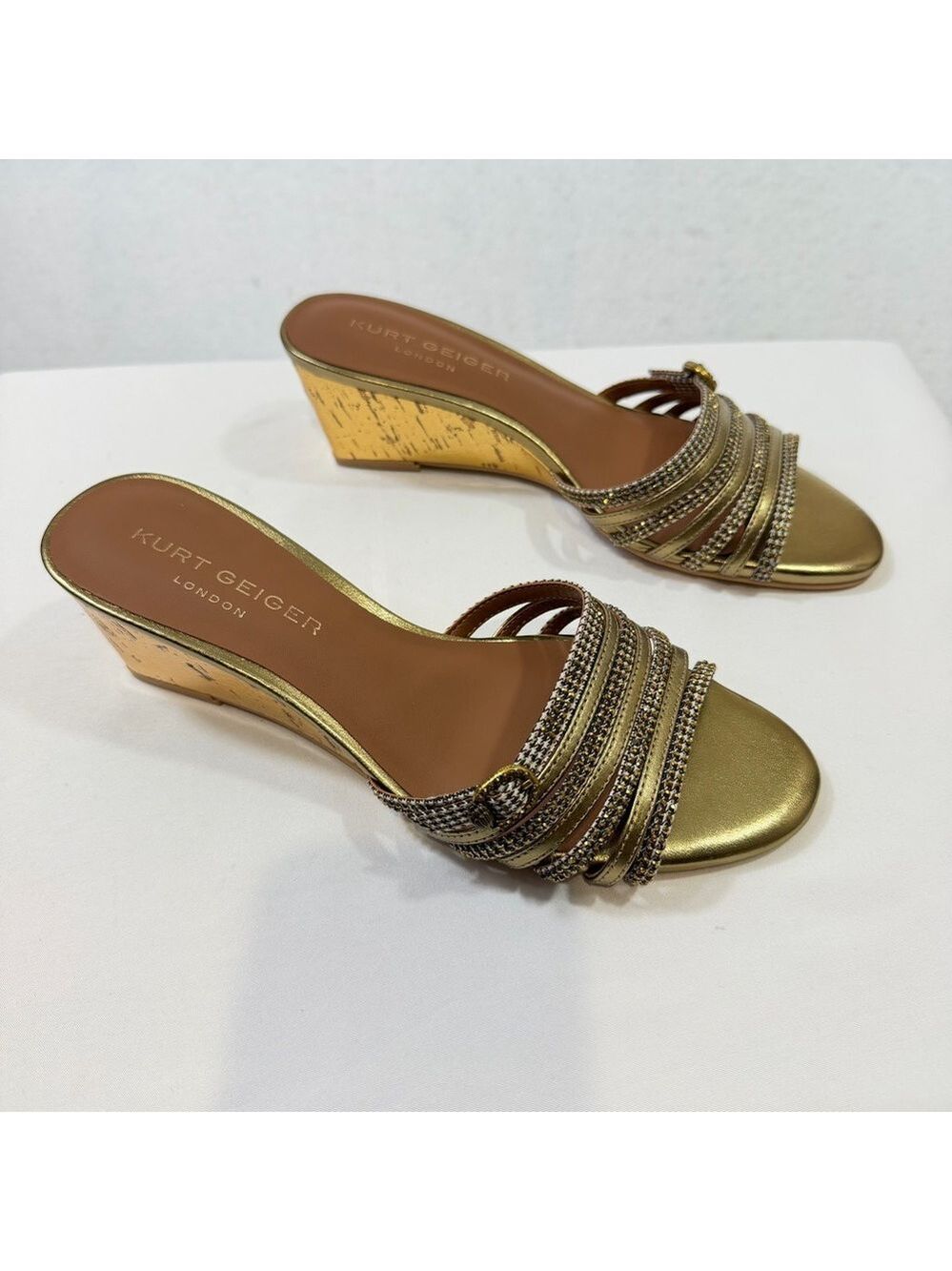 Kurt Geiger London Gold Crystal-Strap Wedge Slides Sandals Size 38.5 Women 8 US - Picture 3 of 11